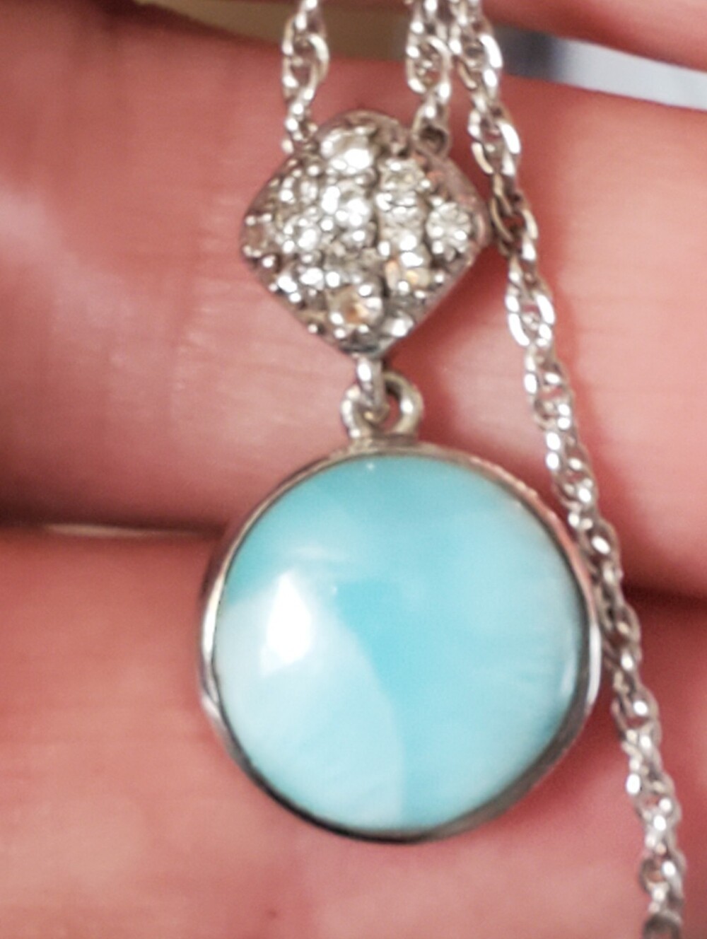 Stunning Dominican Larimar And 12Genuine Diamonds Necklace In Sterling Silver